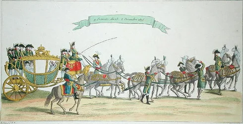 Napoleone Bonaparte (1769-1821) in rotta verso Notre Dame per la sua incoronazione, 2 dicembre 1804